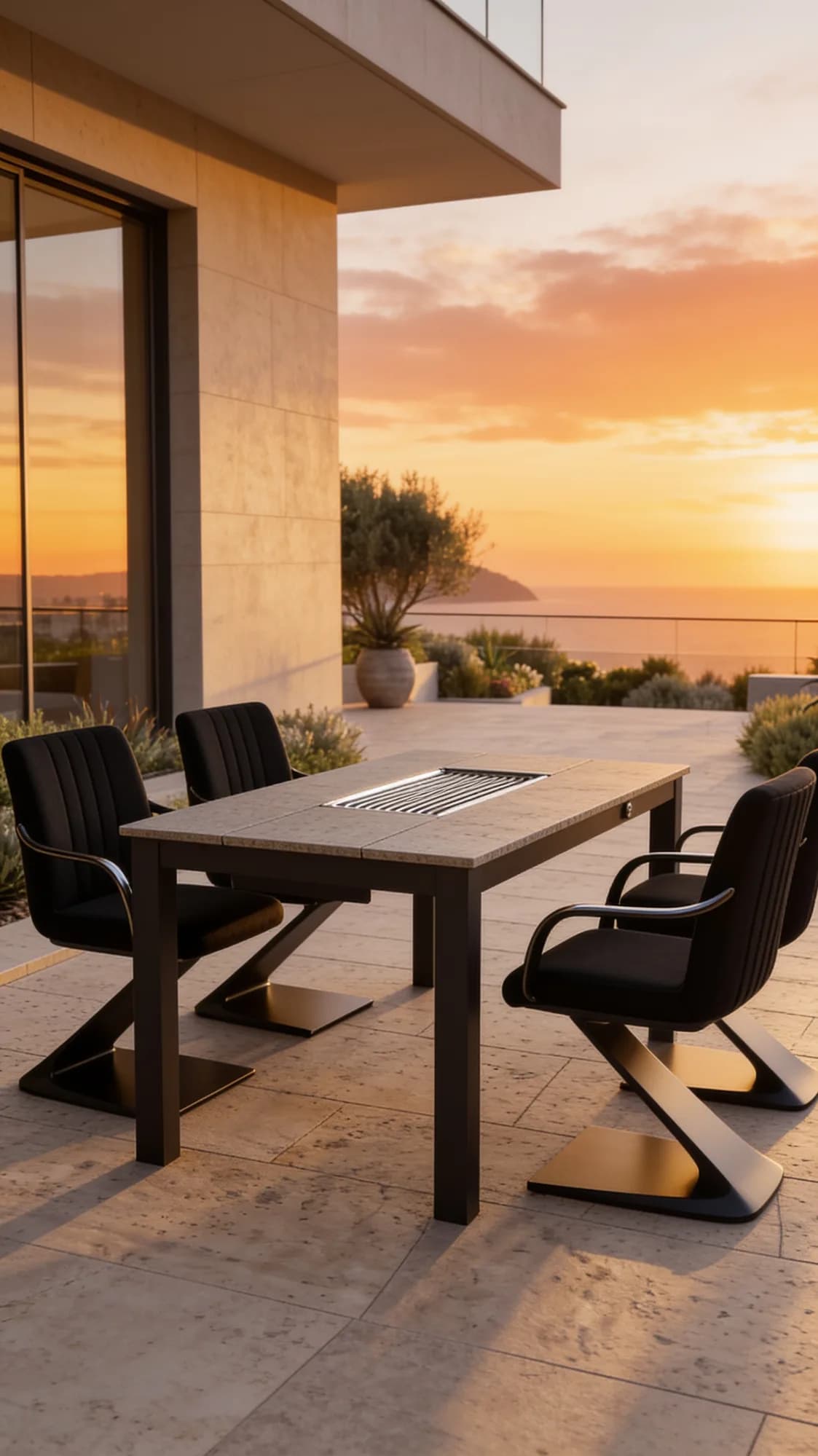 A Forte Piccolo in sand beside a villa, the sea and a sunset behind it