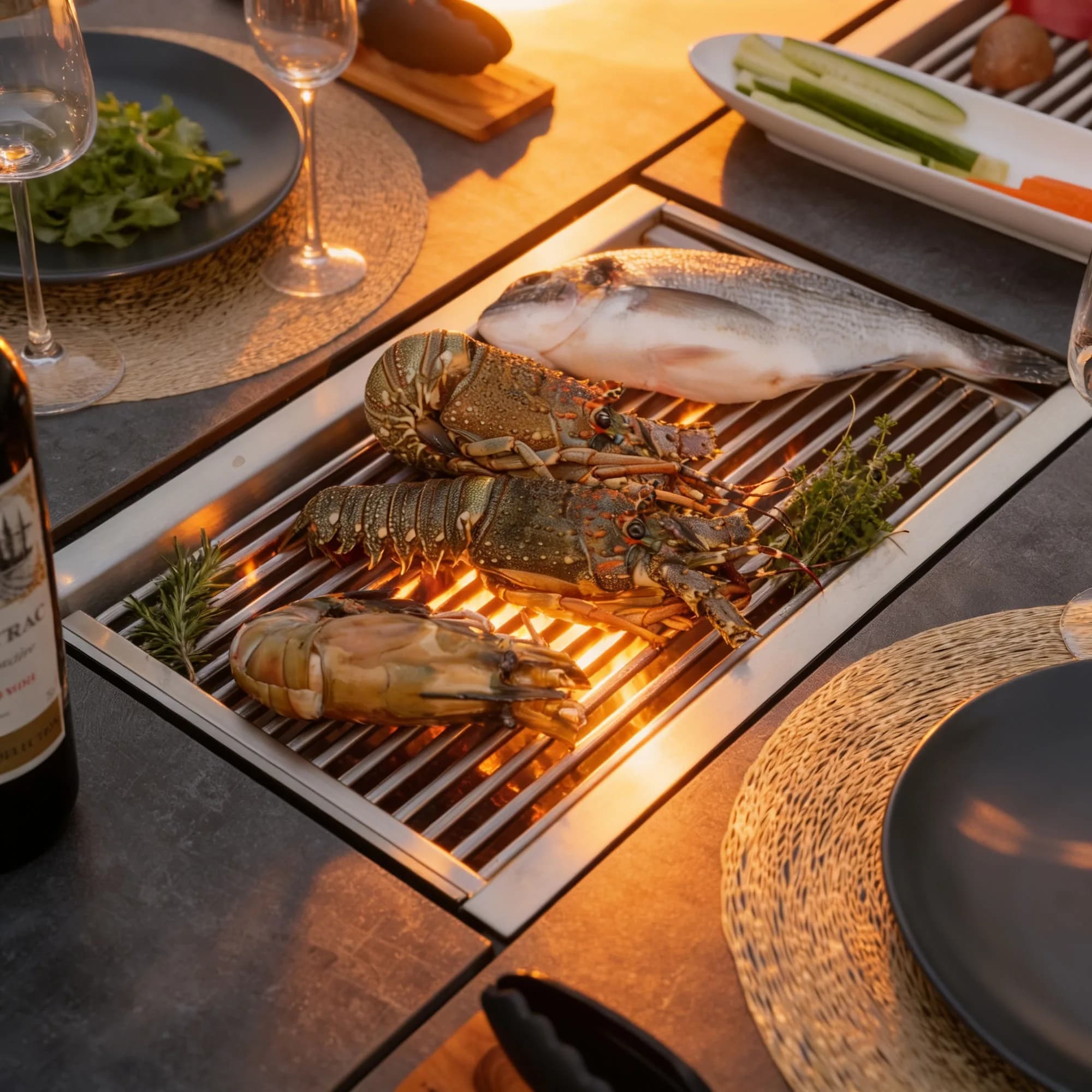 Lobster, sea bream and a langoustine over the open grill at the centre of an OPUS 8 table, at sunset