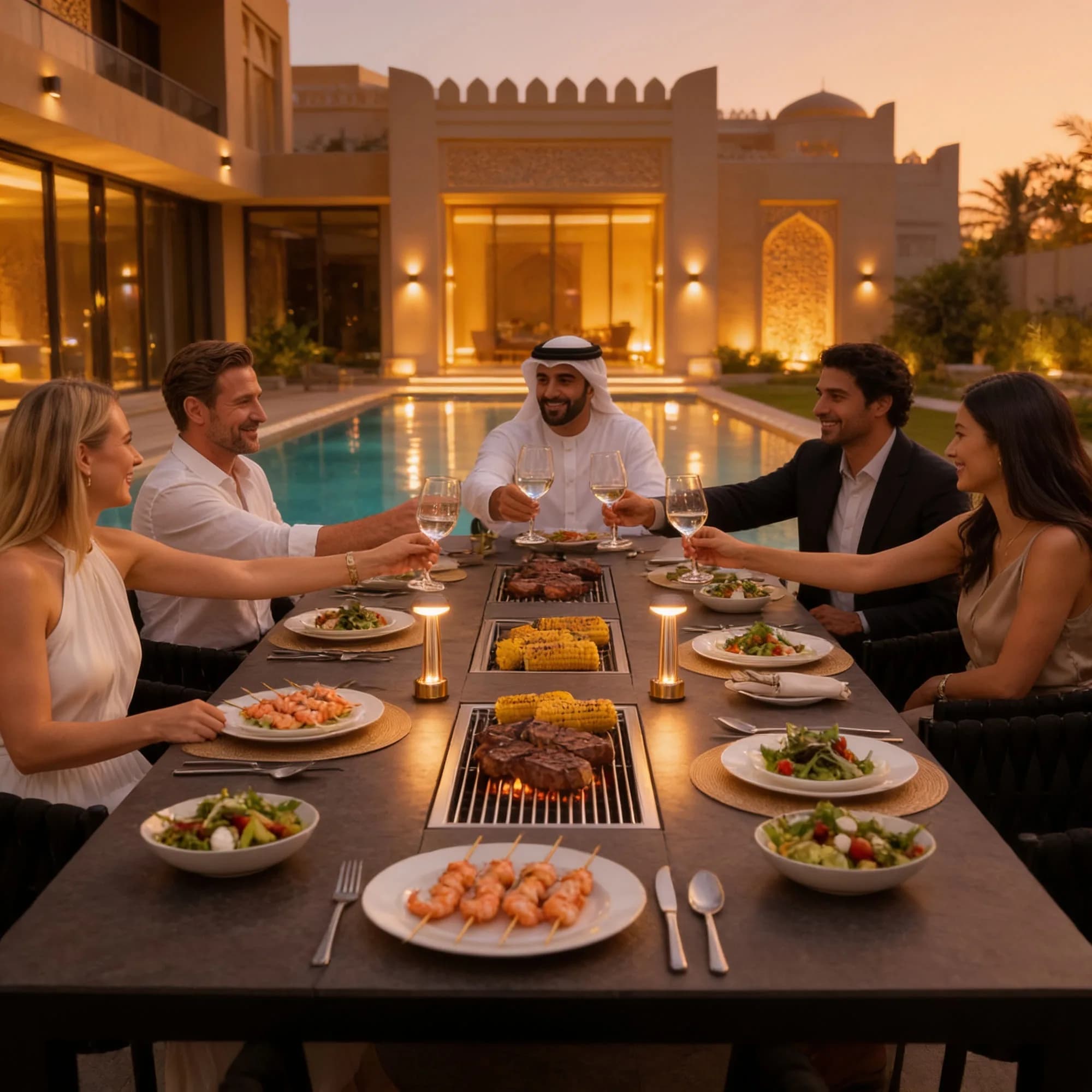 Five guests raising glasses across an OPUS 8 grill table at dusk, the pool and a lit villa behind them